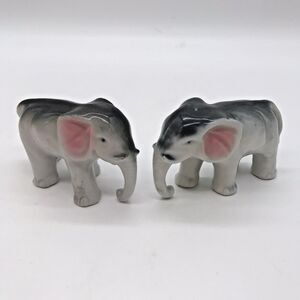 Vintage Pair (2) of Miniature Ceramic Gray & White Elephant Figurines Japan